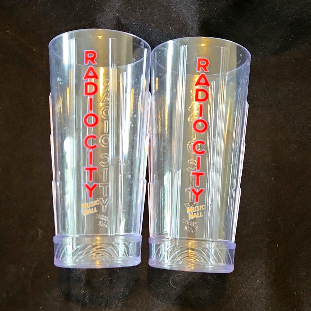 Pair of Radio City Music Hall plastic drinking glass souvenirs. Whirley